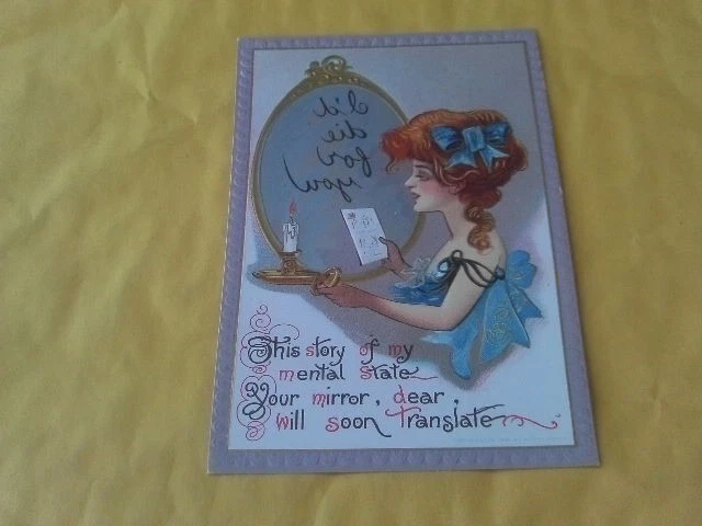 RARE 1908 MARTHA STEUER EMBOSSED POSTCARD PRETTY WOMAN MENTAL STATE MIRROR DIE