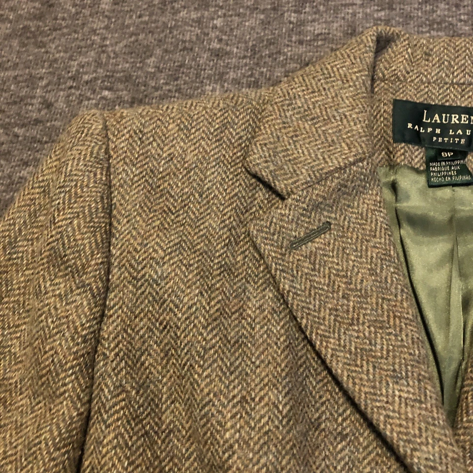 Ralph Lauren Wool Tweed Blazer Women’s 8P Green Herringbone Jacket Horse Buttons - Image 3 of 4