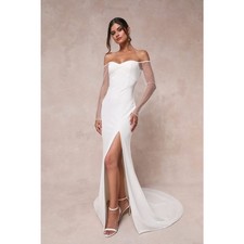 NWT Lulus Eternally Beloved White Mesh Off-the-Shoulder Pearl Maxi Dress Size XS