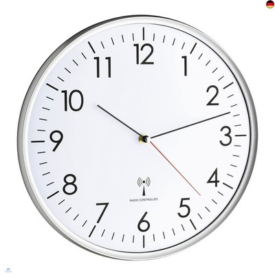 TFA Dostmann Analoge Wanduhr Funk, hohe Genauigkeit, Funkuhr, weiß/silber, 