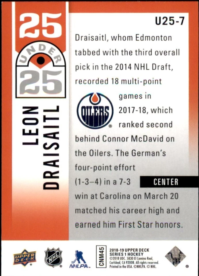 Leon Draisaitl 2018-19 Upper Deck 25 Under 25 #U25-7-Edmonton Oilers - Image 2 of 2