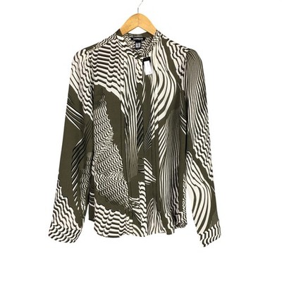 Express Womens Green Shirt Top M NWT Abstract Geometric Satin Pleated Workwear