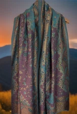 Paisley Shawl Wrap Scarf Turquoise Mauve Gold Metallic Reversible Pashmina