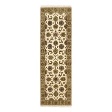 2'6"x8' White Rajasthan Leaf Design Hand Knotted Wool and Silk Runner Rug R75612