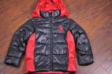 Polo Ralph Lauren Down Hooded Big Pony Jacket Black Red Boy's Medium 10/12