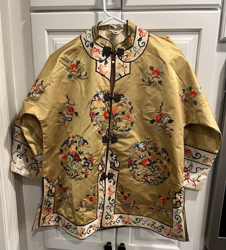 Chinese Silk Kimono Jacket Gufeng Gold Embroidered Floral Knot Closures Sz M