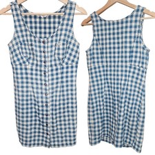 GUESS Sz 5 Vintage Blue White Check Snap Front Milkmaid Retro Jumpsuit  Dress
