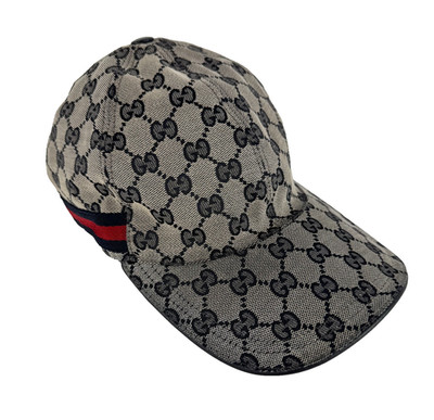 Gucci Auth Navy Sz Medium M 58 GG Logo Monogram Canvas Web Ball Cap Hat Runway
