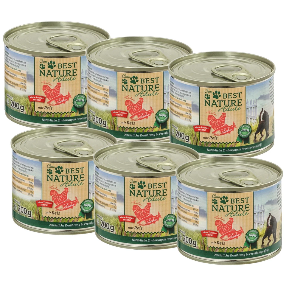 Best Nature Adult Lachs + Huhn + Reis, Nassfutter für Katzen - 6x 200g Futter 