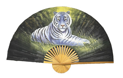 Vtg Oriental Hand Painted Wall Fan 59 x35  Asian Bamboo White Tiger Chinese MCM