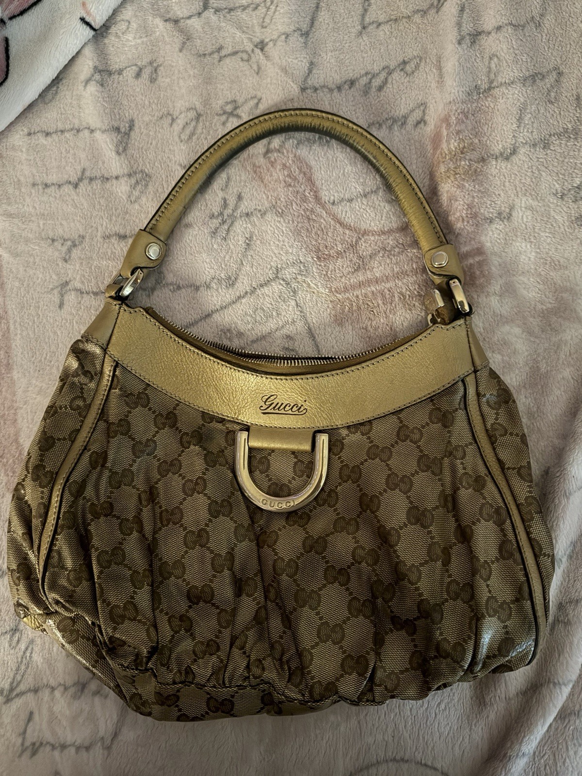 Gucci GG Pattern Zip Shoulder Bag Brown Leather Trim Gold Hardware Lined