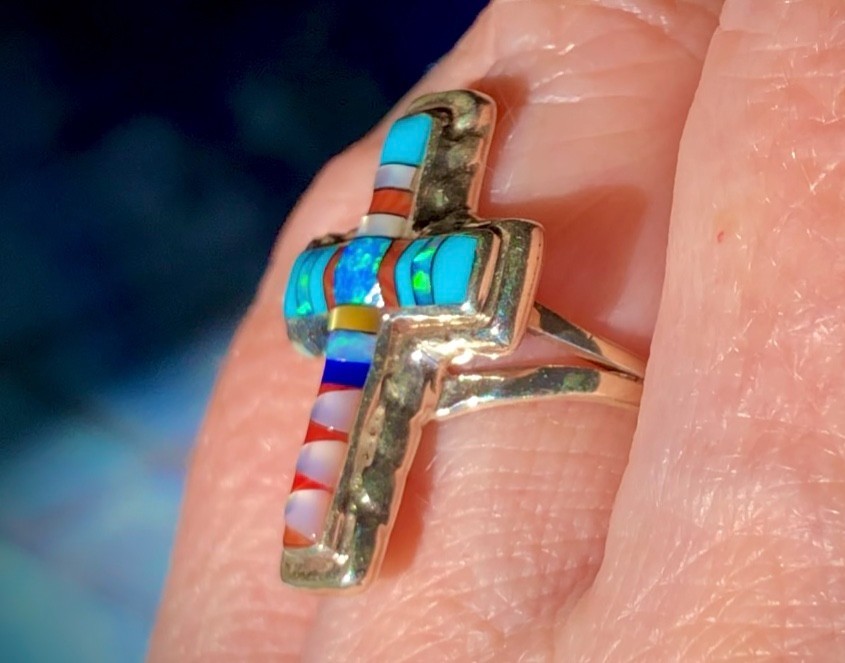 SUPERB Native American Cross Ring Opal Inlaid Ste… - image 4