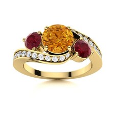 5MM Round Citrine  Ruby 925 Silver Gold Plated Three Stone Women Wedding Ring