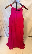 SLNY Fuchsia Chiffon Tiered Cocktail Dress Rhinestone Shoulder Size 12 JJ4