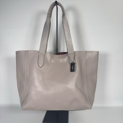 Coach Derby Leather Pebbled Tote Bag Light Gray W/ Red Liner Large