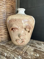 Vintage Face Jug Folk Art Handmade Signed  Beautiful White And Brown Glaze 7x5”