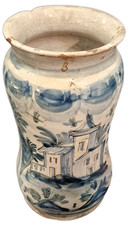 Albarello Antico in Maiolica Napoli XVIII Secolo - Paesaggio Blu - H 27 cm