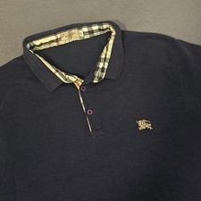 VTG Burberry Dark Navy Polo Classic Nova Plaid Trim Woman's XL Short Sleeve Logo