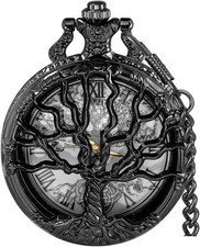 Tree of Life Pocket Watch, Vintage Quartz Gift for Men, Chain, Roman Numerals