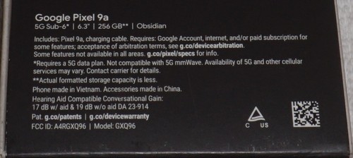 Google Pixel 9a 256GB Obsidian T-Mobile Only Factory Sealed NEW - Afbeelding 3 van 4