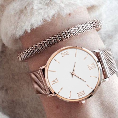 Relojes de pulsera de cuarzo de acero inoxidable con esfera de oro rosa de lujo para mujer correa de malla - Imagen 16 de 32