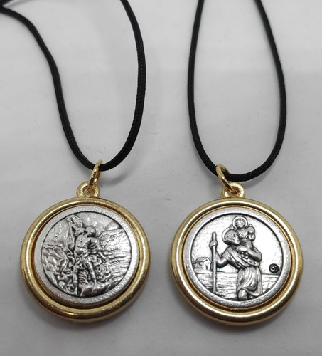 Saint Michael Archangel st Christopher Necklace Christian Gold Silver Tone 0.9" - Picture 6 of 8