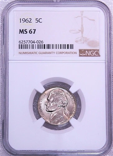 1962 P Jefferson Nickel NGC MS67 Great Luster looks 5 Steps Just Graded PQ #Y189