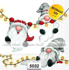 (5032) TWO Paper BEVERAGE / COCKTAIL Decoupage Art Craft Napkins CHRISTMAS GNOME