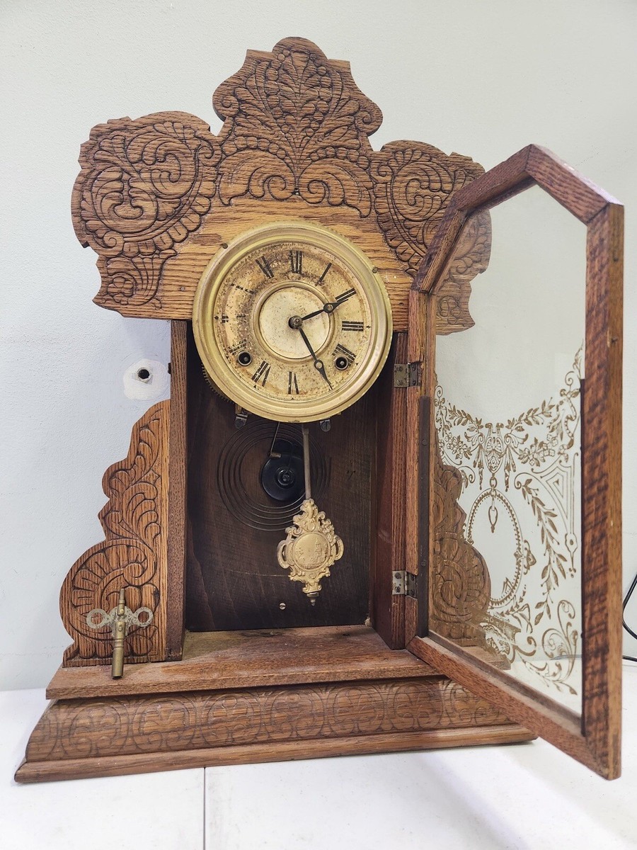 Antique 1897 E. Ingraham Clock Co GINGERBREAD KITCHEN MANTEL CLOCK