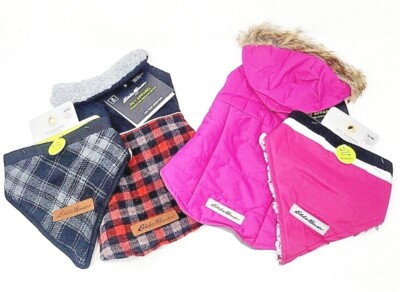 EDDIE BAUER Dog Jacket Coat Bandana Pink Fur Hooded Red Black Plaid  Pc Set
