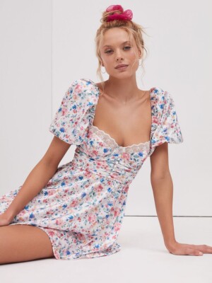 for love and lemons blue and white floral dress For Love & Lemons Hyacinth Drawstring Dress
