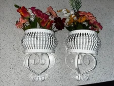 2 Vintage Homco Chic Shabby White Metal Wall Pocket Planter Sconces