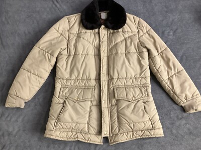 VTG Walls Blizzard Pruf Jacket Women Large Tan Quilted Puffer Collar MADE  IN USA