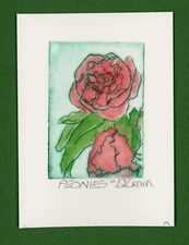 PEONIES Spring Garden Flowers. Original Botanical Watercolor ETCHING signed