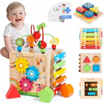 8-in-1 Wooden Baby Activity Cube Montessori Educational Toy for 1 2 3 Year Olds