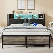 Queen Size Bed Frame with LED Light and Charging Station