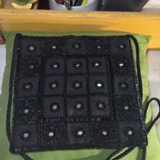 Vintage Black Beaded Evening Bag with Mirror Accents and Rope Strap