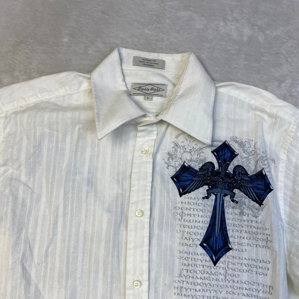 Eighty Eight Mens Button Up Shirt Long Sleeve Cross Wings Graphic Print L White - Image 2 of 4