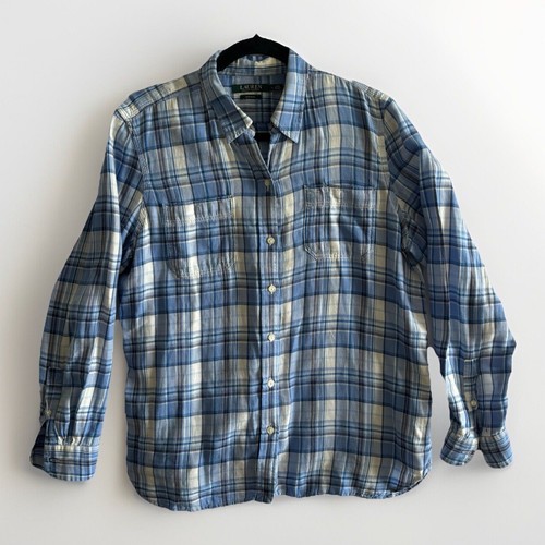Camisa vaquera Lauren Ralph para mujer grande azul a cuadros botones manga larga bolsillos - Imagen 1 de 7
