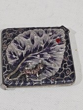 Vintage ~ Double Miroir Compact ~ Coccinelle et Lézard sur Feuille ~ Bijou