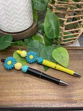 2 PC Handmade Silicone Bead Rhinestone Black Ink Pen Set Daisy New B193