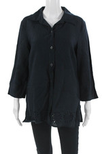 Oscar de la Renta Women Tunic Button-Up Collared Linen 3/4 Sleeve Black Size M
