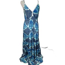 Raga Blue White Tie-Dye Maxi Dress L Bohemian Tiered V-Neck Lace Trim