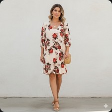 Charlotte Russe Dress Womans Size 1X Beige Red Floral V Neck Tunic Made In USA