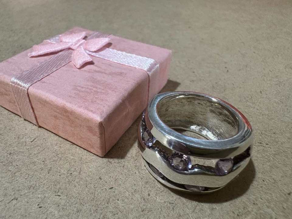 Anello Fascia Spessa Argento 925 E Brillanti Di Ametista Viola 14.5GR 17.4MM - Immagine 2 di 3