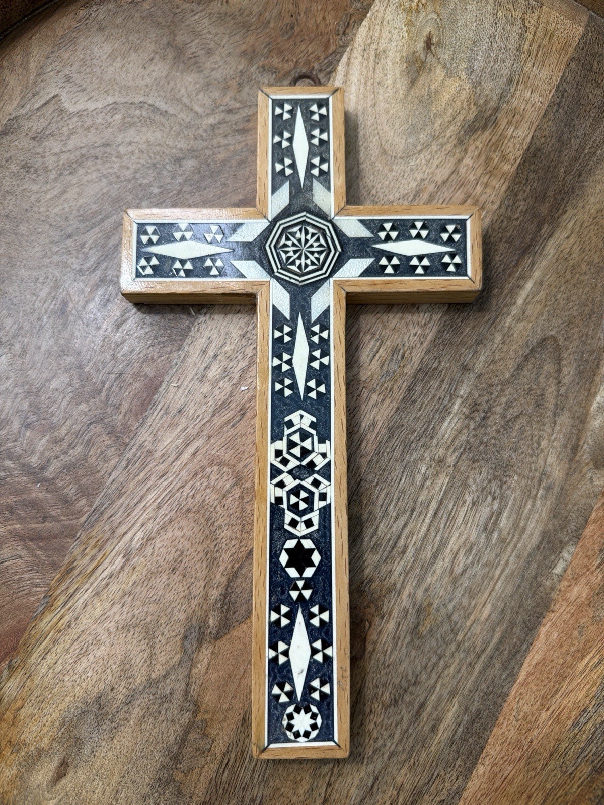 Vtg Handmade Wood Wall Cross Southwestern Folk Art Geometric Inlay 8.5”x 4.75”