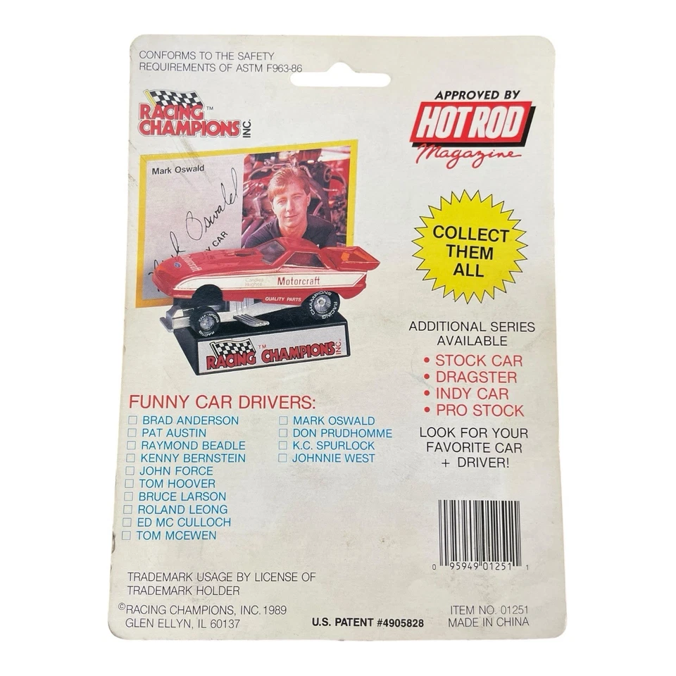 Carro engraçado Mark Oswald Motorcraft 1989 Racing Champions escala 1:64 fundido - Imagem 2 de 2