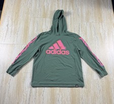 Adidas Hoodie Shirt Youth Medium 10/12 Green Pink Glitch Logo Hooded Tee