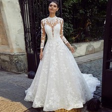 Boho High Neck Wedding Dresses Long Sleeves Backless Lace Appliques Bridal Gowns