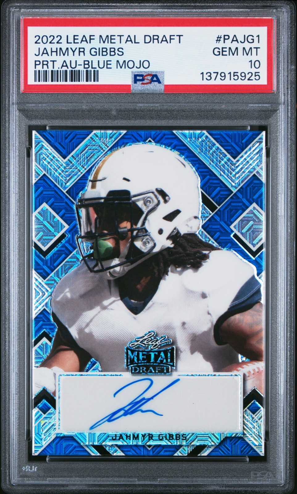 2022 LEAF METAL DRAFT   AUTO JAHMYR GIBBS BLUE MOJO /15 ROOKIE PSA 10 LIONS